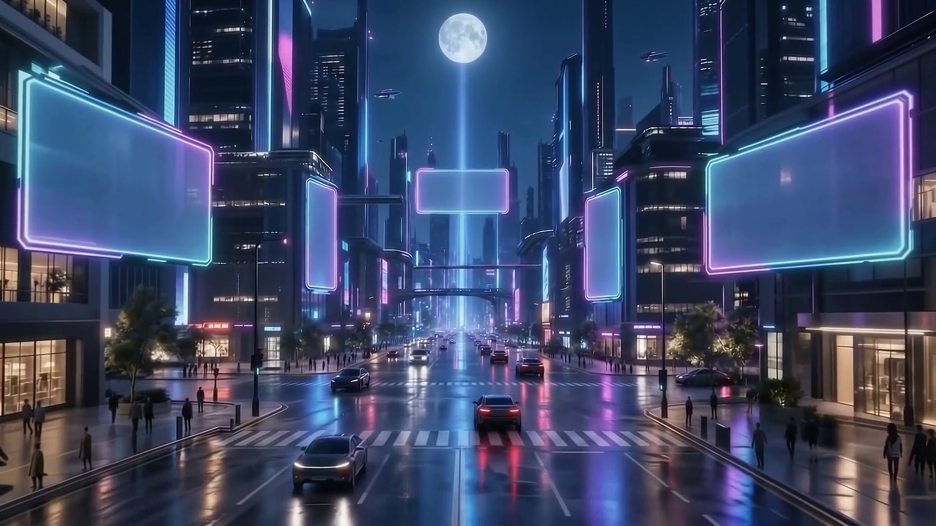 A neon crossroads at night, traffic and pedestrians beneath a full moon and a vertical beam of light, blank lit billboard panels down both sides of the street.